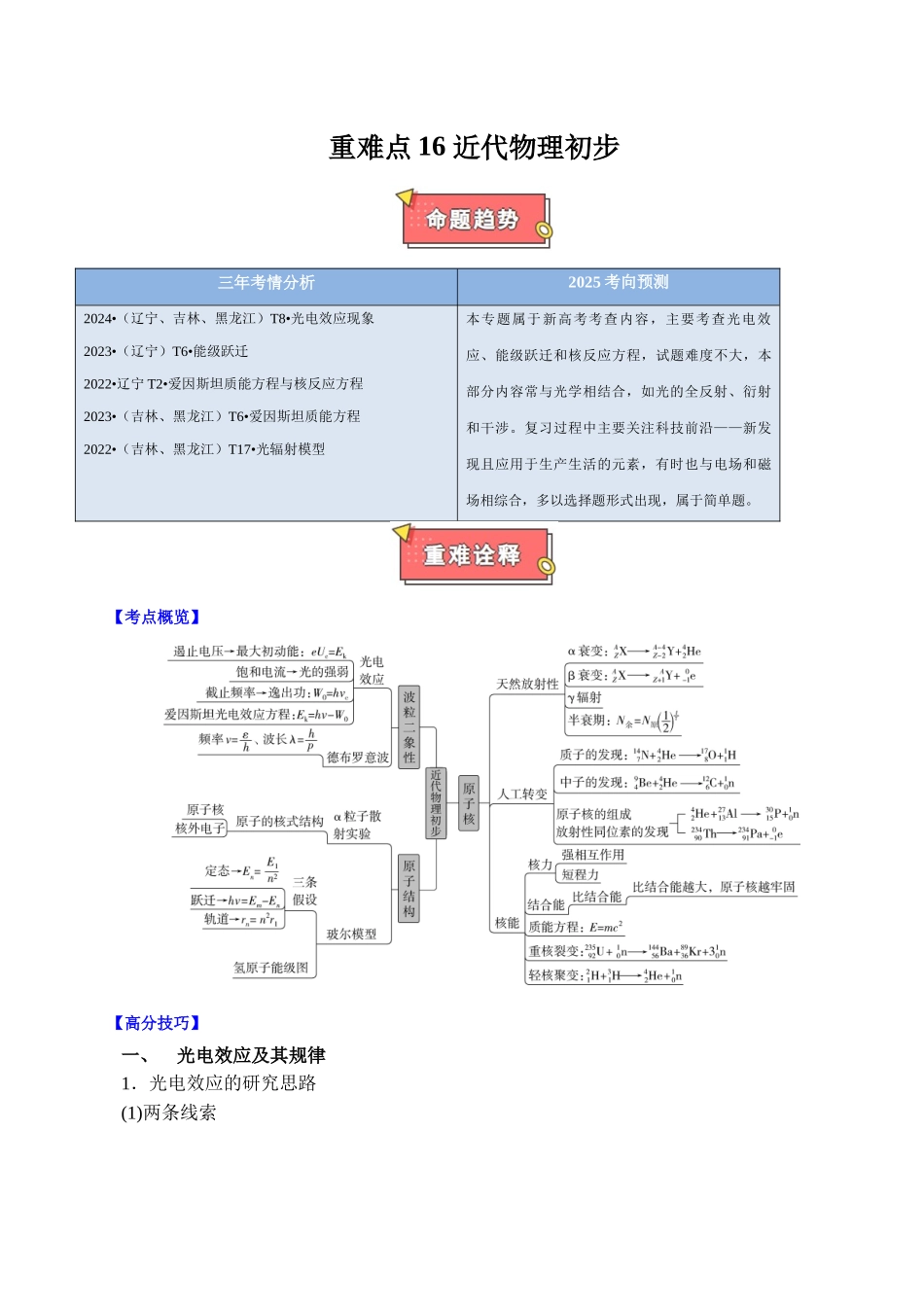 重难点16 近代物理初步(教师版)2025 .docx_第1页