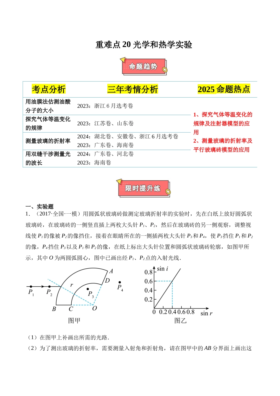 重难点20 光学和热学实验(解析版).docx_第1页