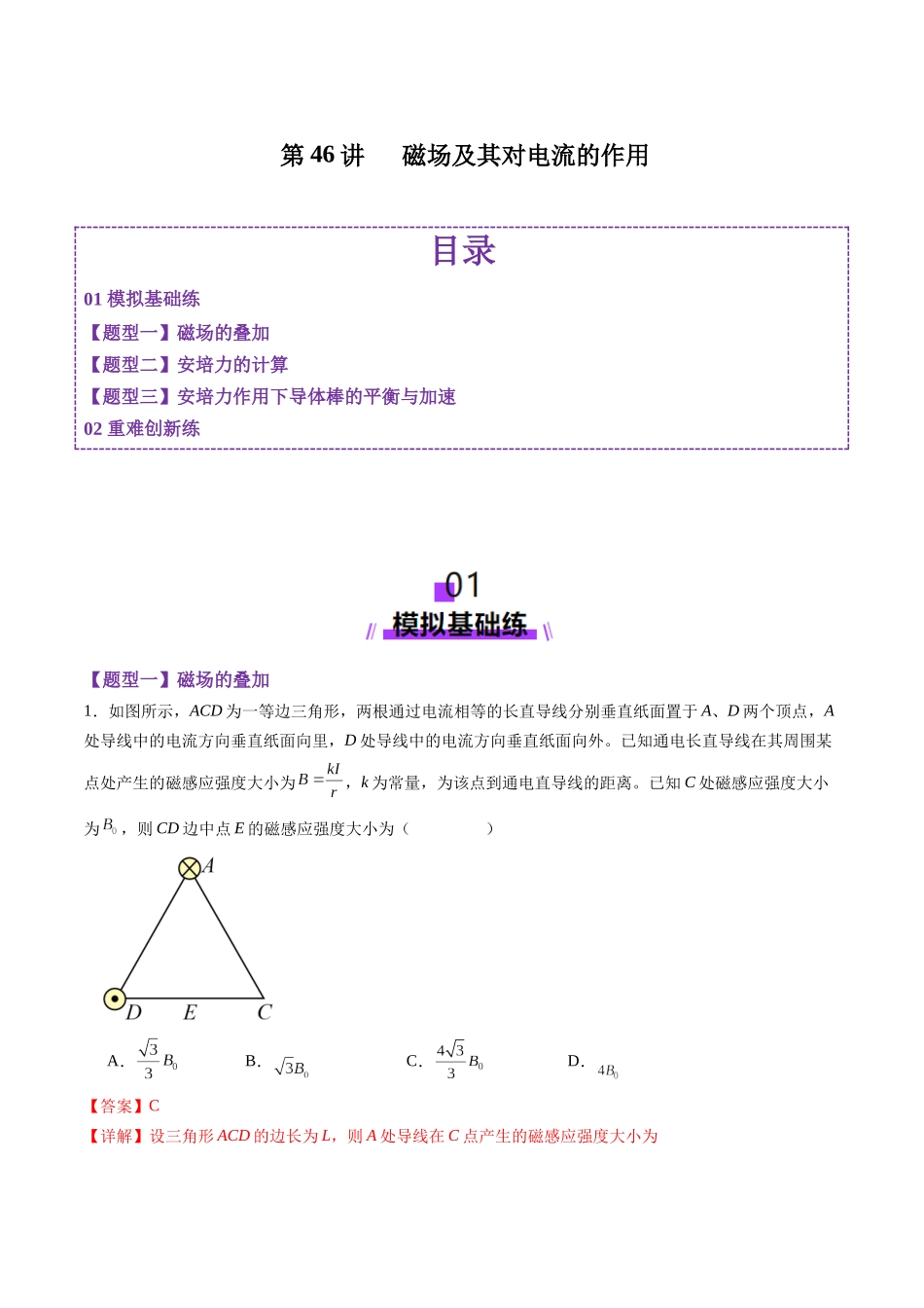 第46讲   磁场及其对电流的作用（练习）（教师版）.docx_第1页