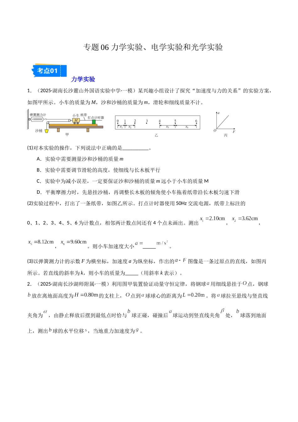 专题06 力学实验、电学实验和光学实验（3大考点）（学生版）.docx_第1页