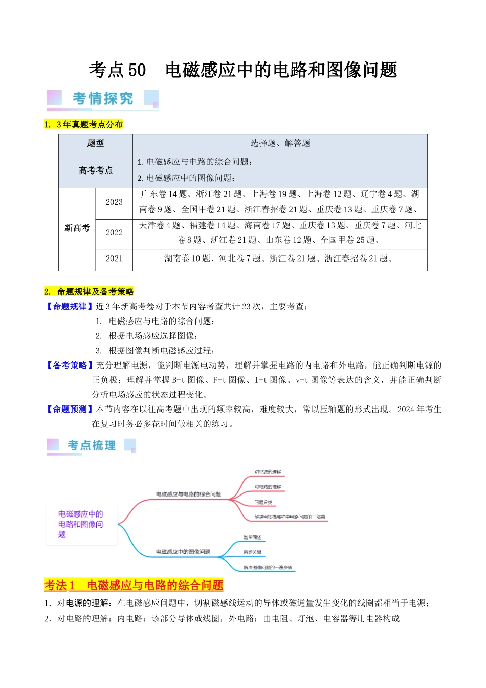 考点51 电磁感应中的电路和图像问题(核心考点精讲+分层精练)解析版.docx_第1页