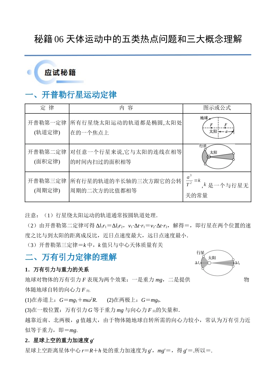 秘籍06 天体运动中的五类热点问题和三大概念理解应用（原卷版）.docx_第1页