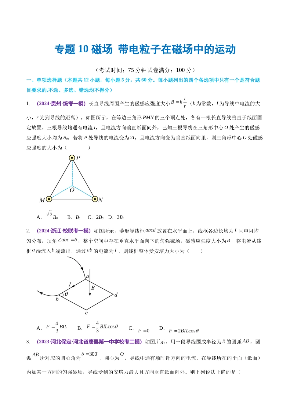 专题10 磁场 带电粒子在磁场中的运动（测试）（原卷版）.docx_第1页