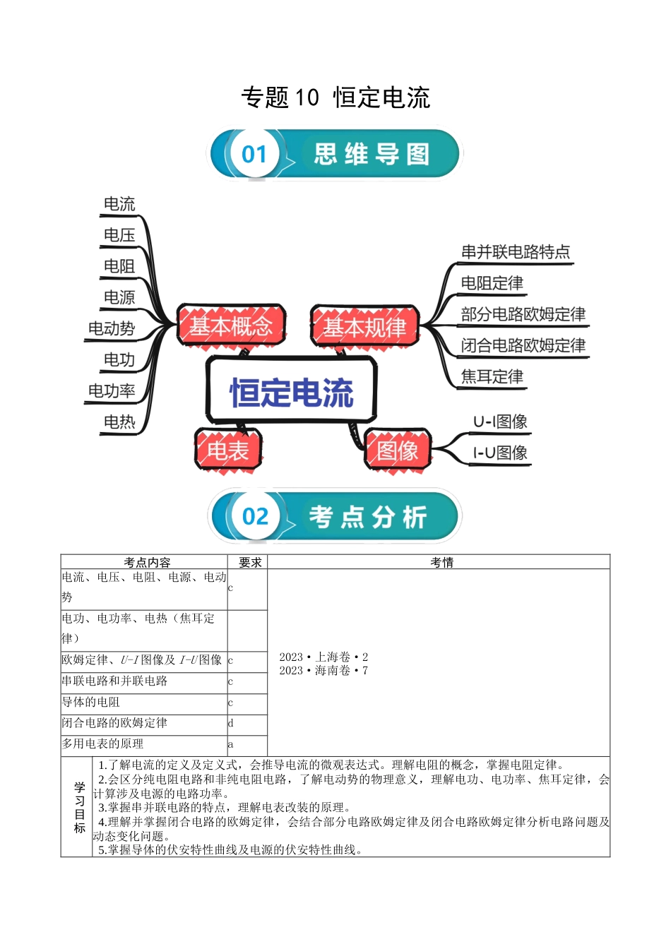 专题10 恒定电流-2024年高考物理一轮复习知识清单（全国通用）.docx_第1页