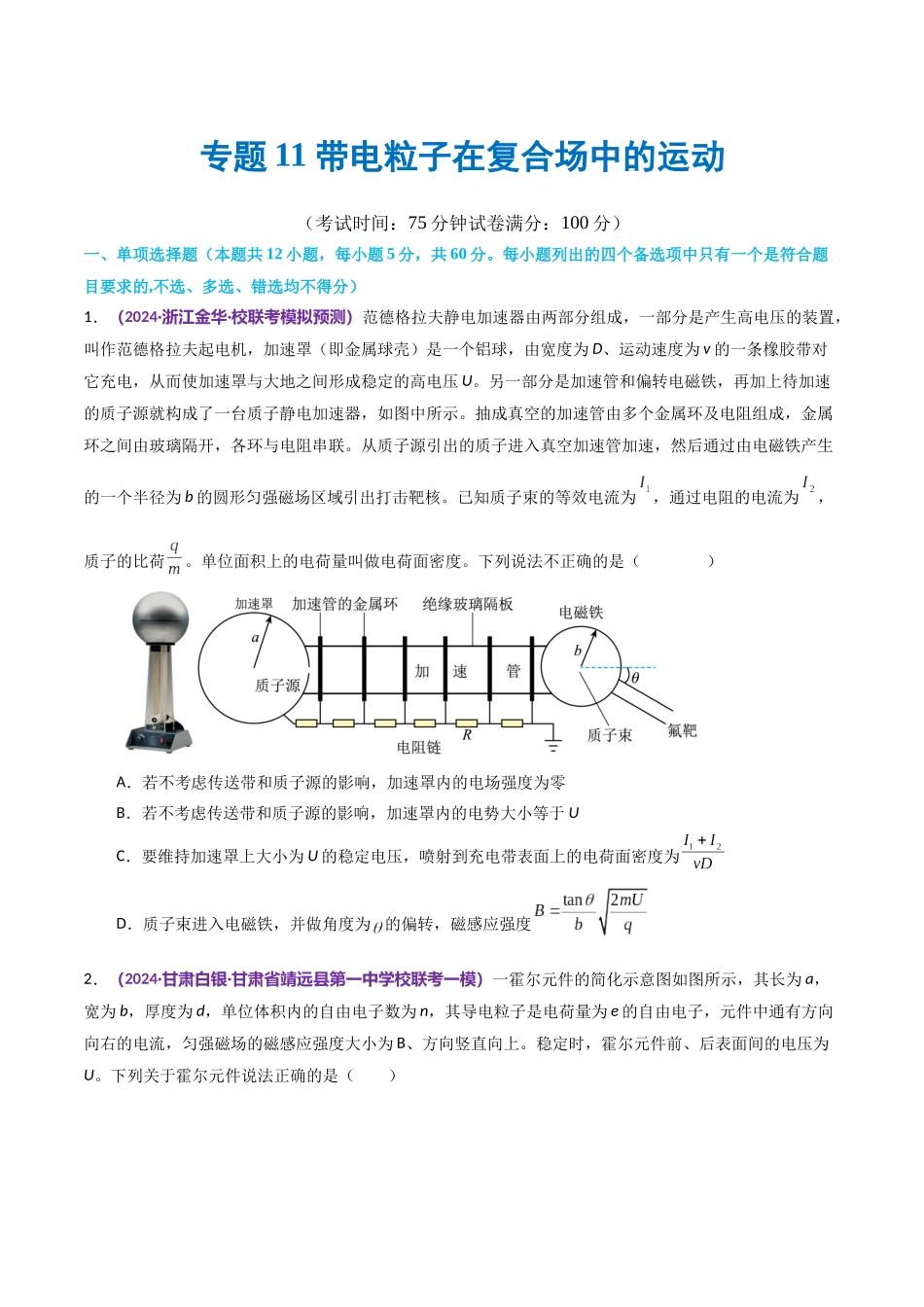 专题11 带电粒子在复合场中的运动（测试）（原卷版）.docx_第1页