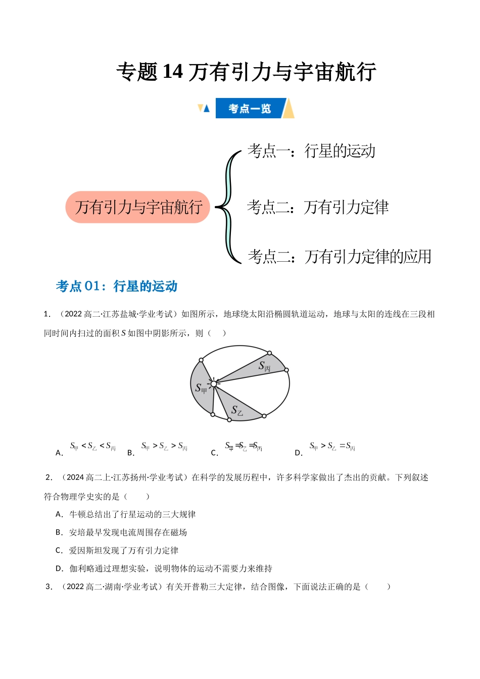 专题14 万有引力与宇宙航行 （学生版）.docx_第1页