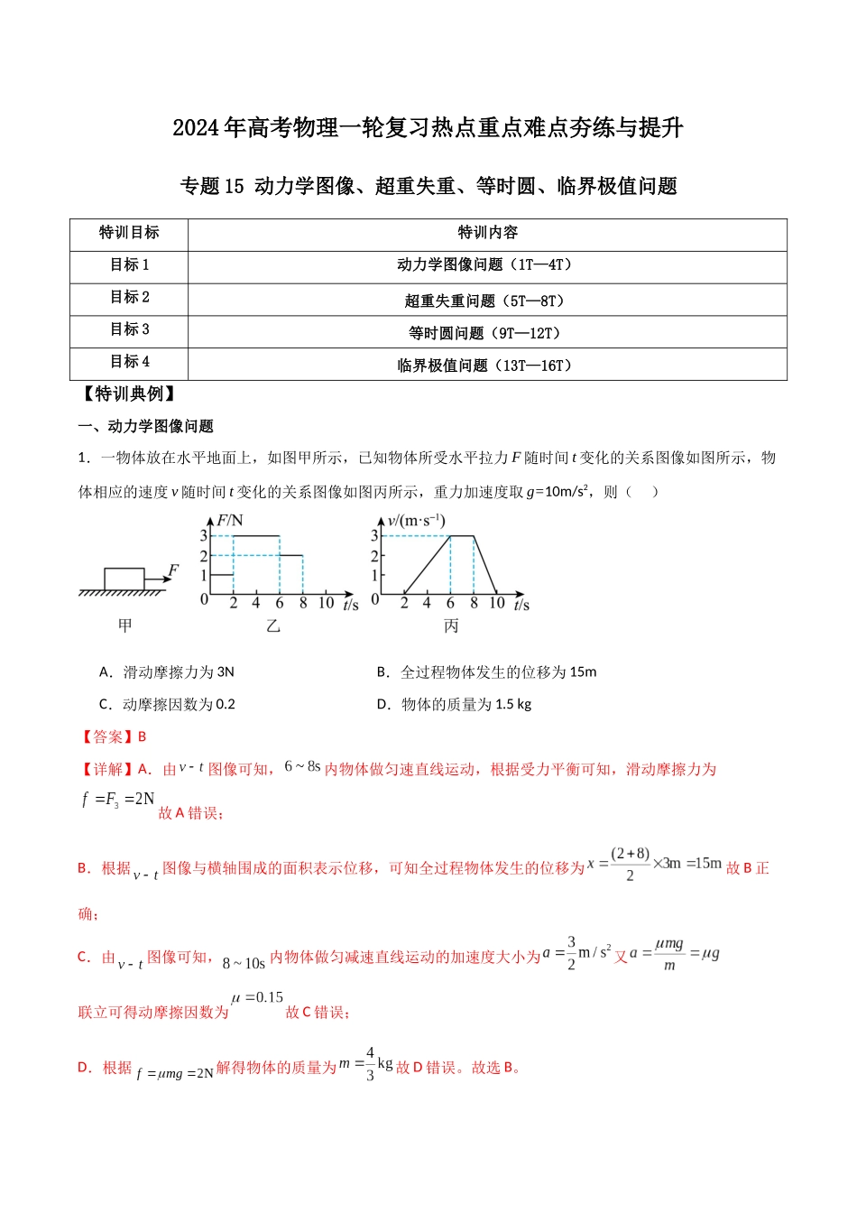 专题15 动力学图像、超重失重、等时圆、临界极值问题（解析版）.docx_第1页