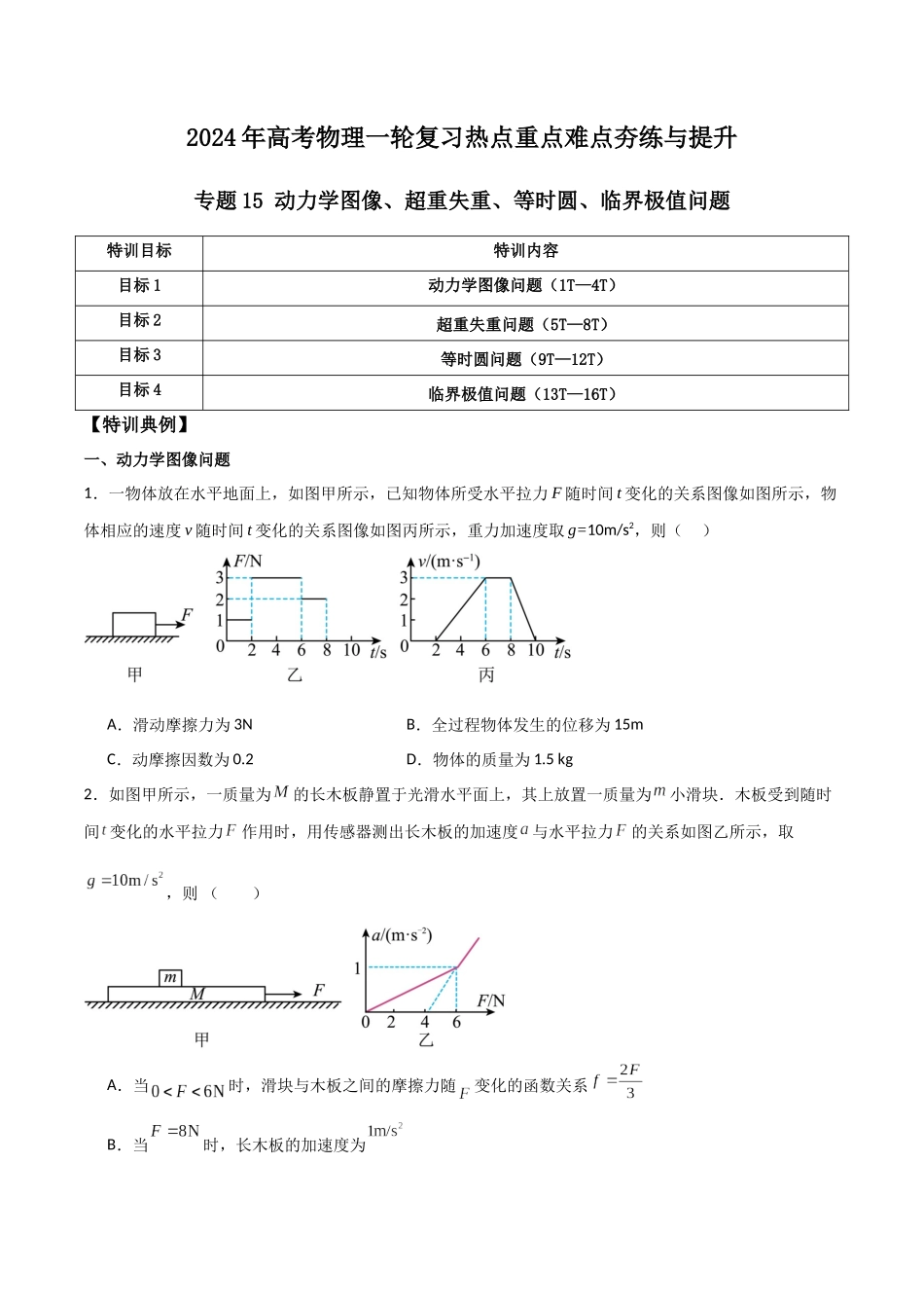 专题15 动力学图像、超重失重、等时圆、临界极值问题（原卷版）.docx_第1页
