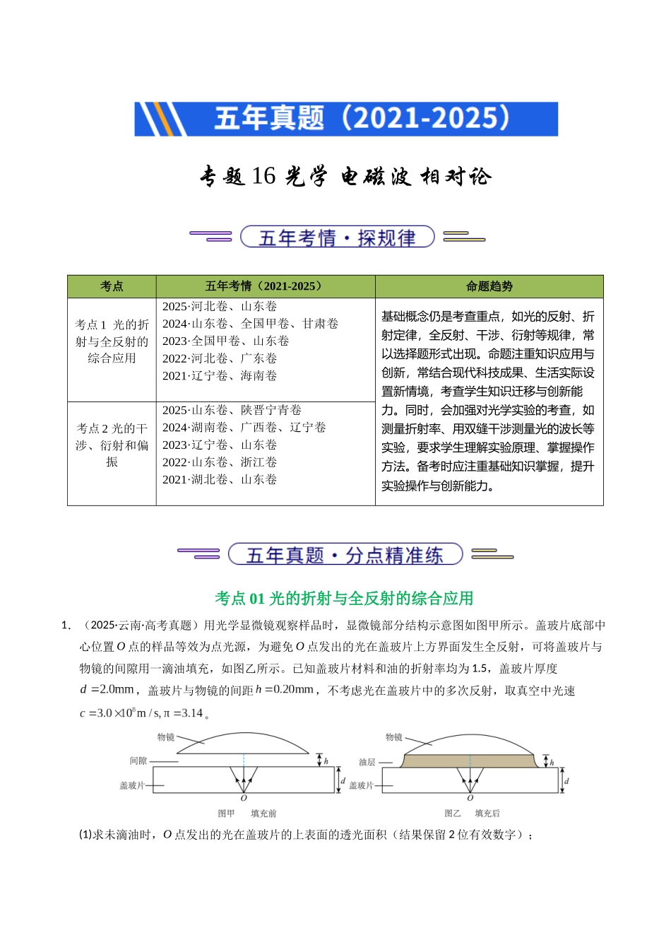 专题16 光学 电磁波 相对论（全国通用）（学生版）.docx_第1页