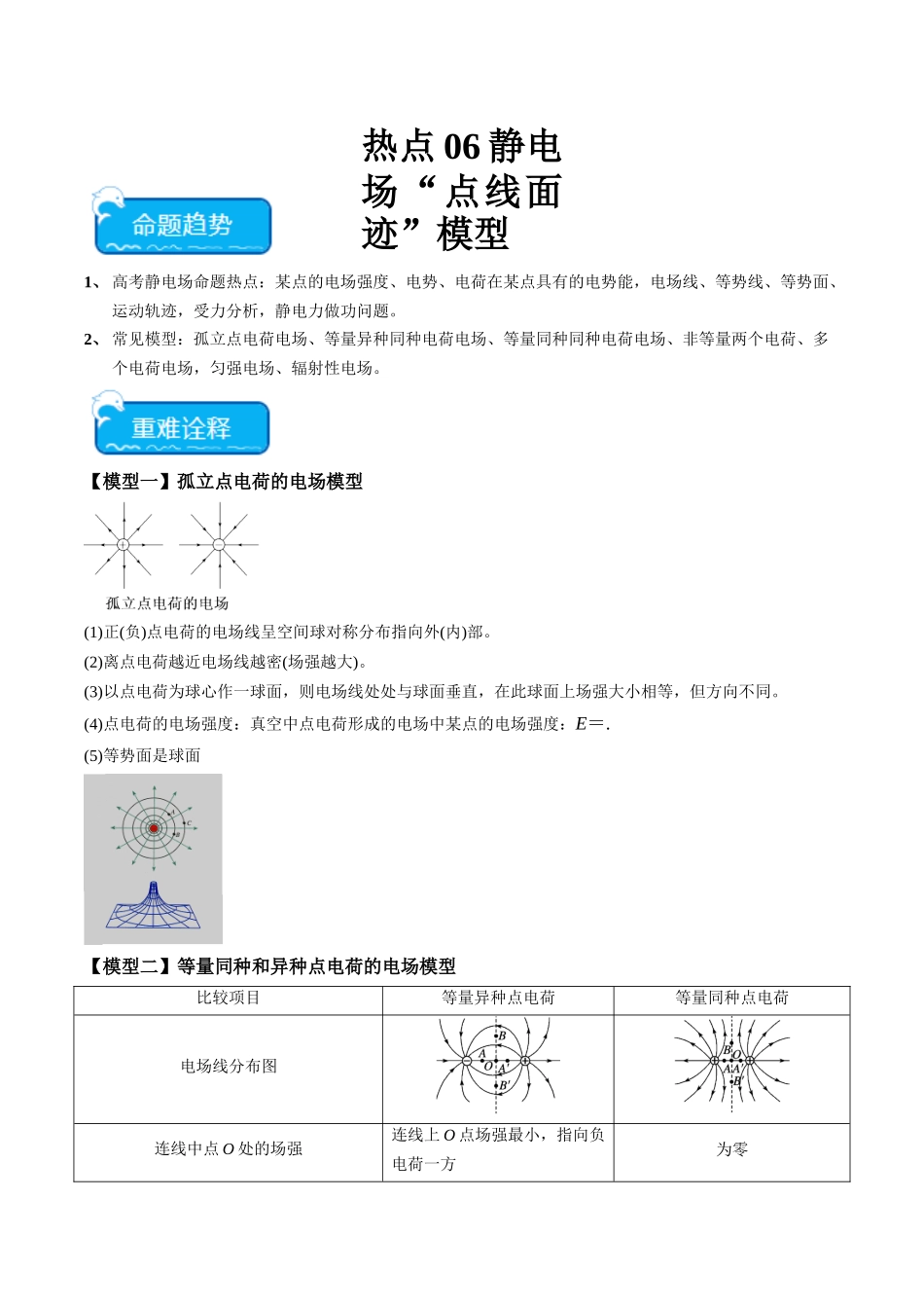 热点06 静电场“点线面迹”模型（学生版）.docx_第1页