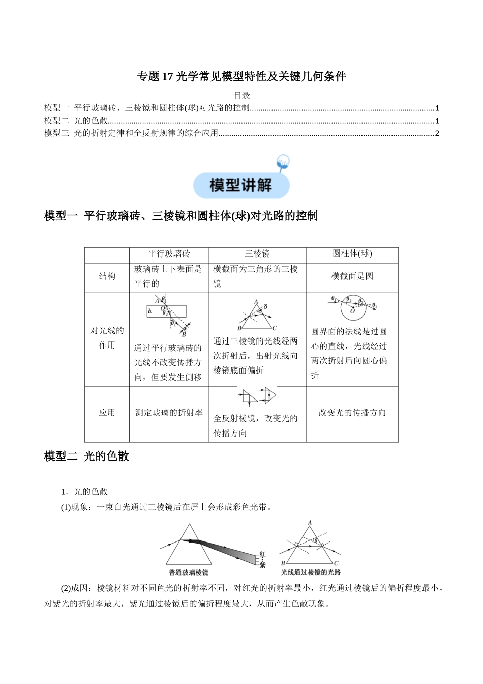 专题17 光学常见模型特性及关键几何条件（学生版）.docx_第1页