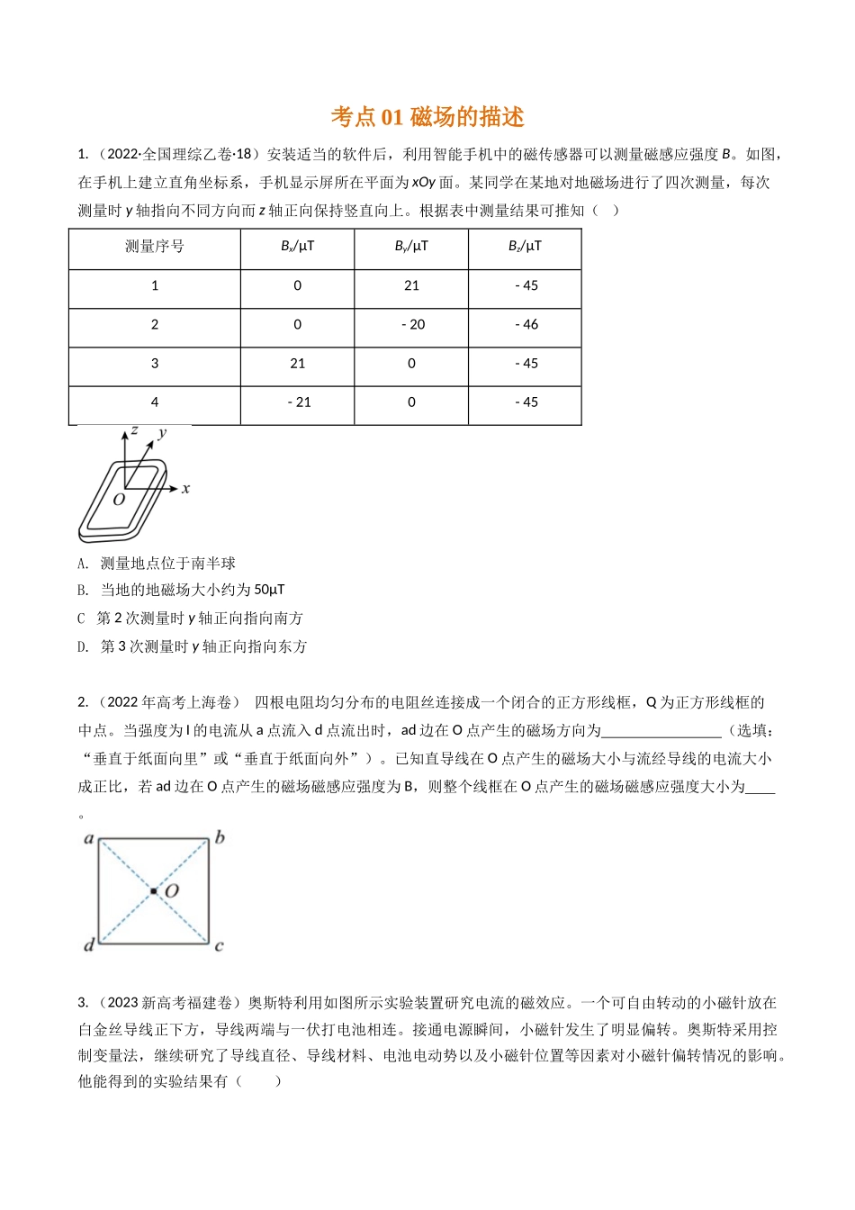 专题21磁场描述和安培力（全国通用）（原卷版）.docx_第2页