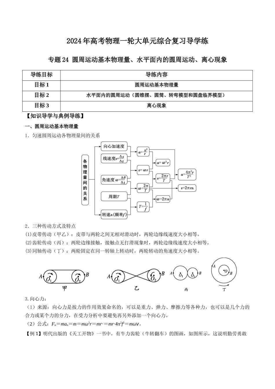 专题24 圆周运动基本物理量、水平面内的圆周运动、离心现象(解析版).docx_第1页