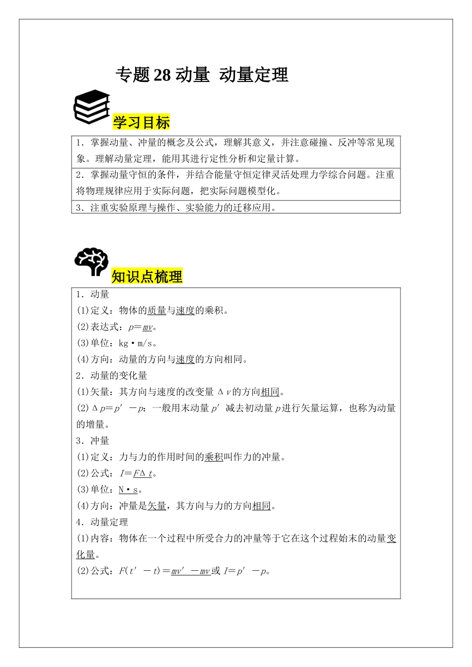 专题28 动量 动量定理 (教师版).docx_第1页