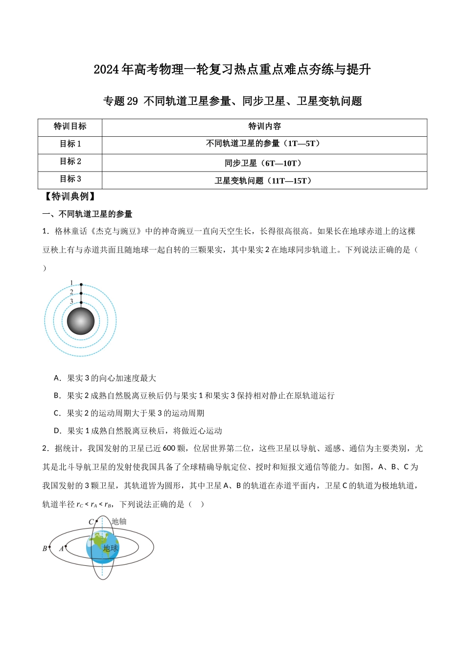 专题29 不同轨道卫星参量、同步卫星、卫星变轨问题（原卷版）.docx_第1页