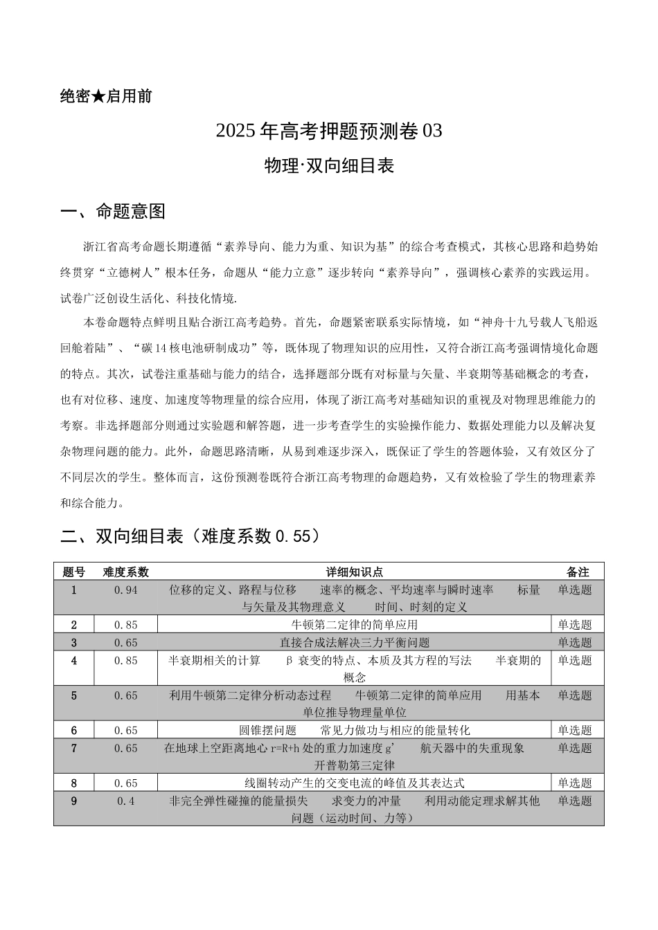 物理(浙江卷03)(双向细目表及命题意图).docx_第1页