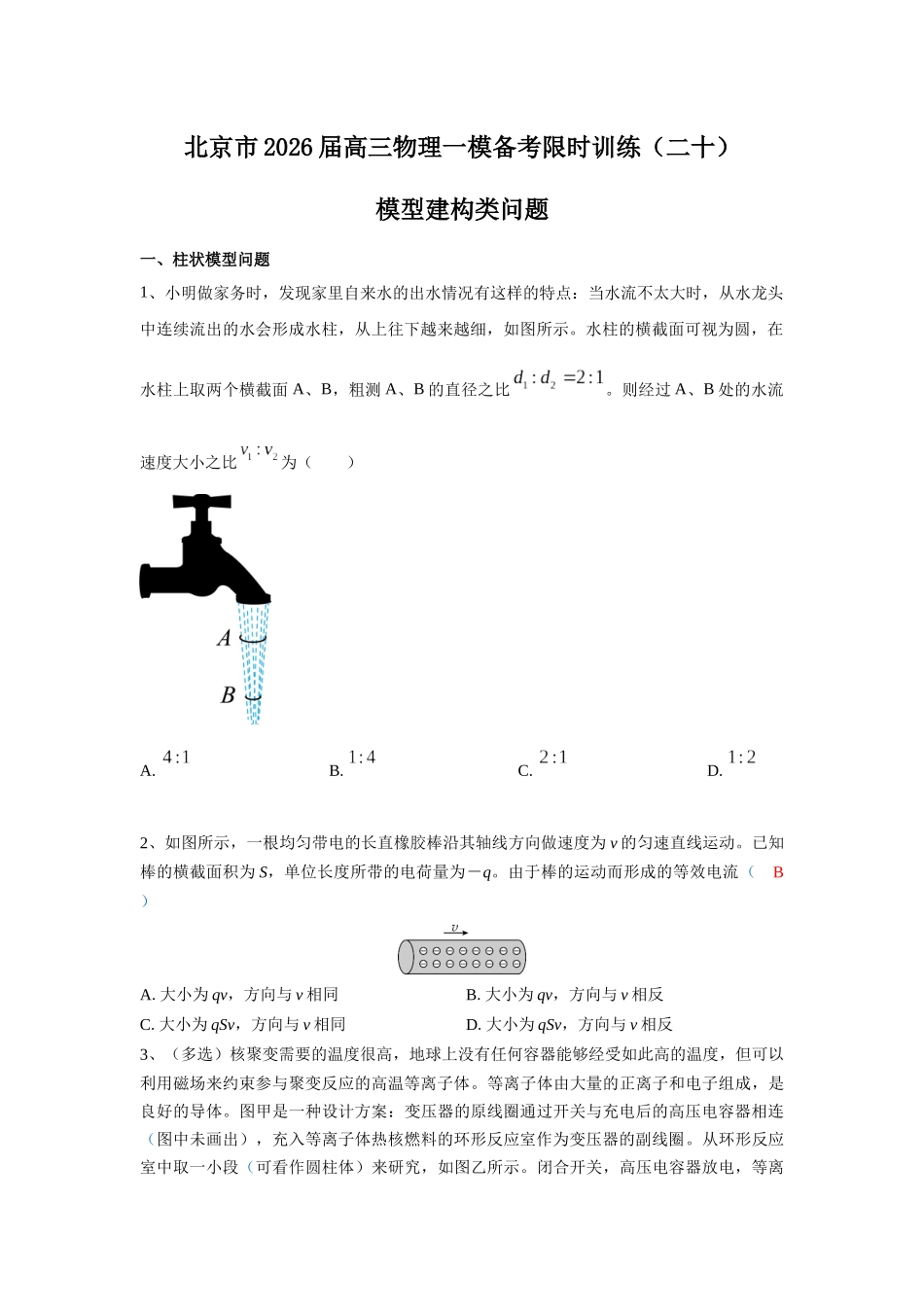物理一模备考限时训练(二十)模型建构类问题.docx_第1页
