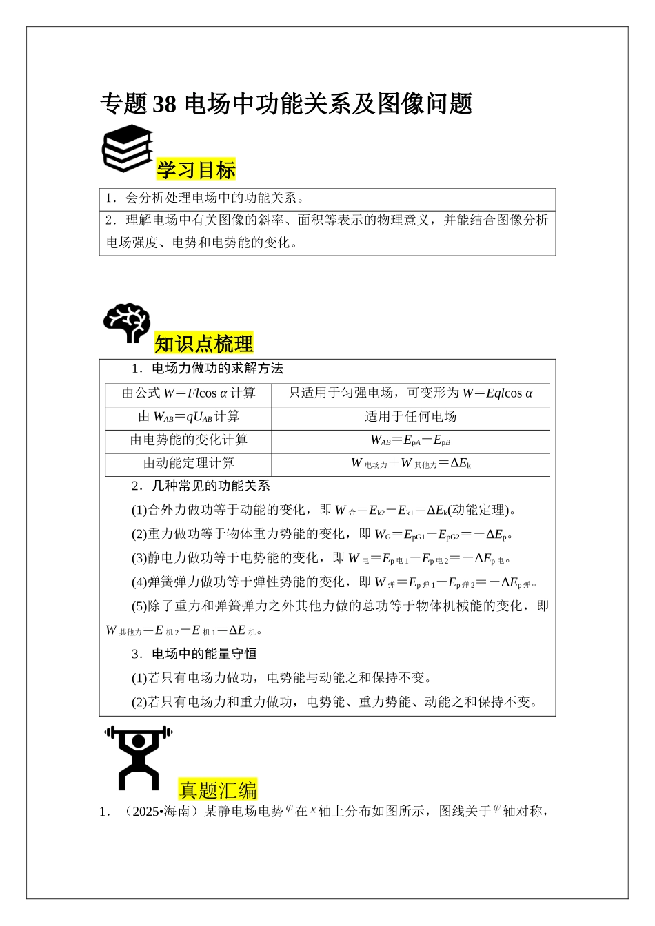 专题38 电场中功能关系及图像问题 (教师版).docx_第1页