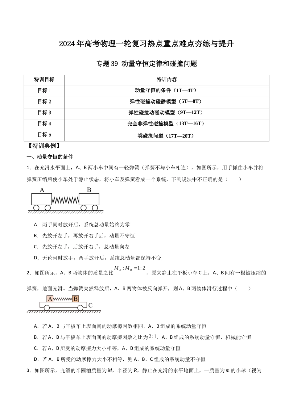 专题39 动量守恒定律和碰撞问题(原卷版).docx_第1页