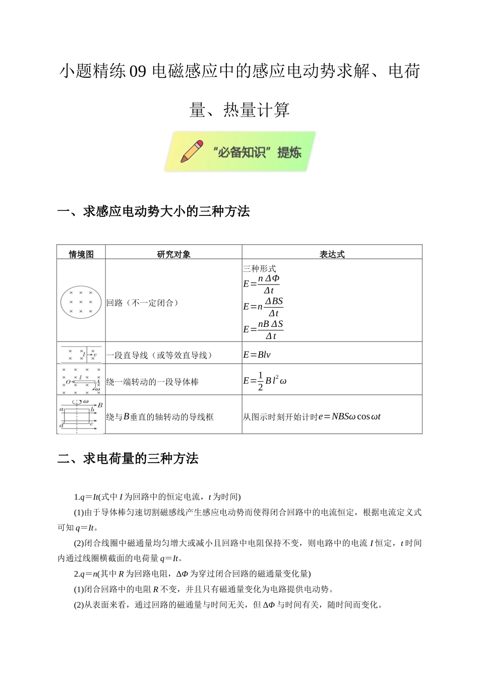 小题精练09 电磁感应中的感应电动势求解、电荷量、热量计算(学生版).docx_第1页