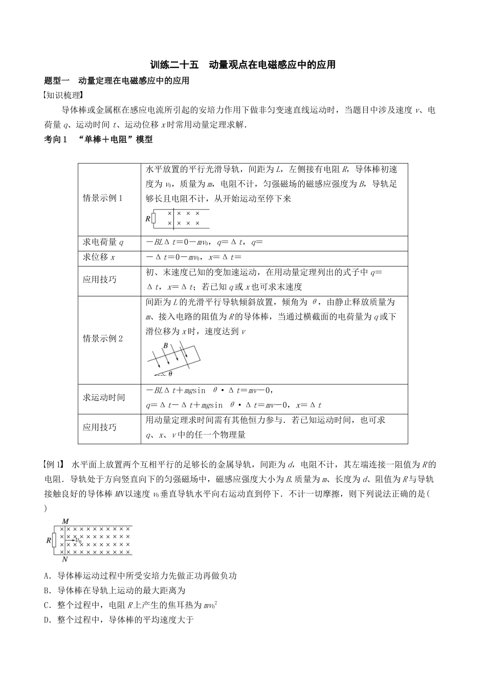 训练二十五  动量观点在电磁感应中的应用-备战高考物理一轮复习专题复习与训练(解析版）.docx_第1页