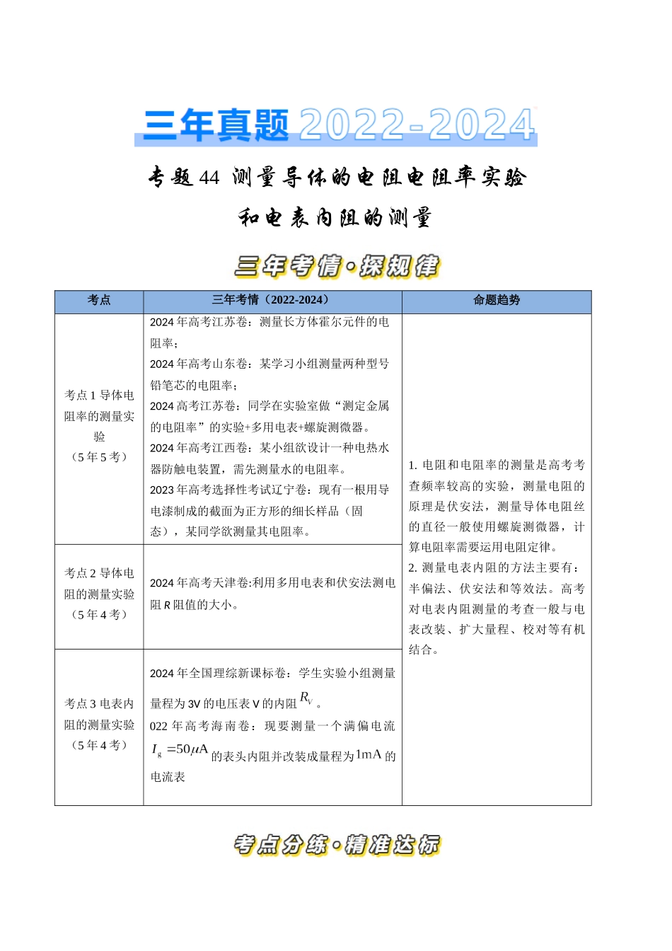 专题44测量导体电阻电阻率实验和电表内阻的测量(全国通用)(解析版).docx_第1页