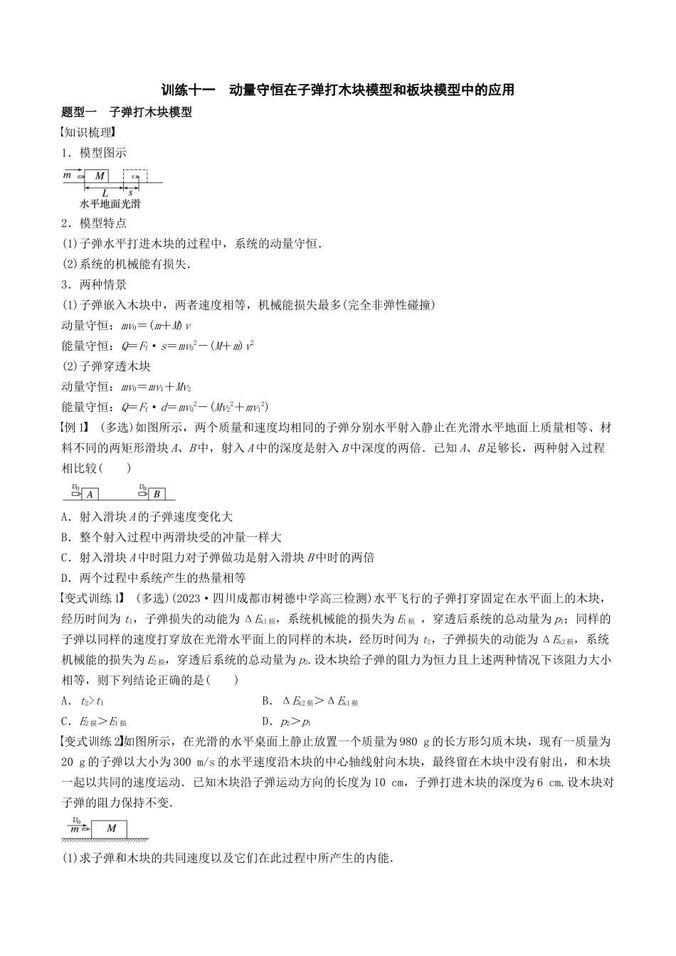 训练十一  动量守恒在子弹打木块模型和板块模型中的应用-备战高考物理一轮复习专题复习与训练(原卷版）.docx_第1页