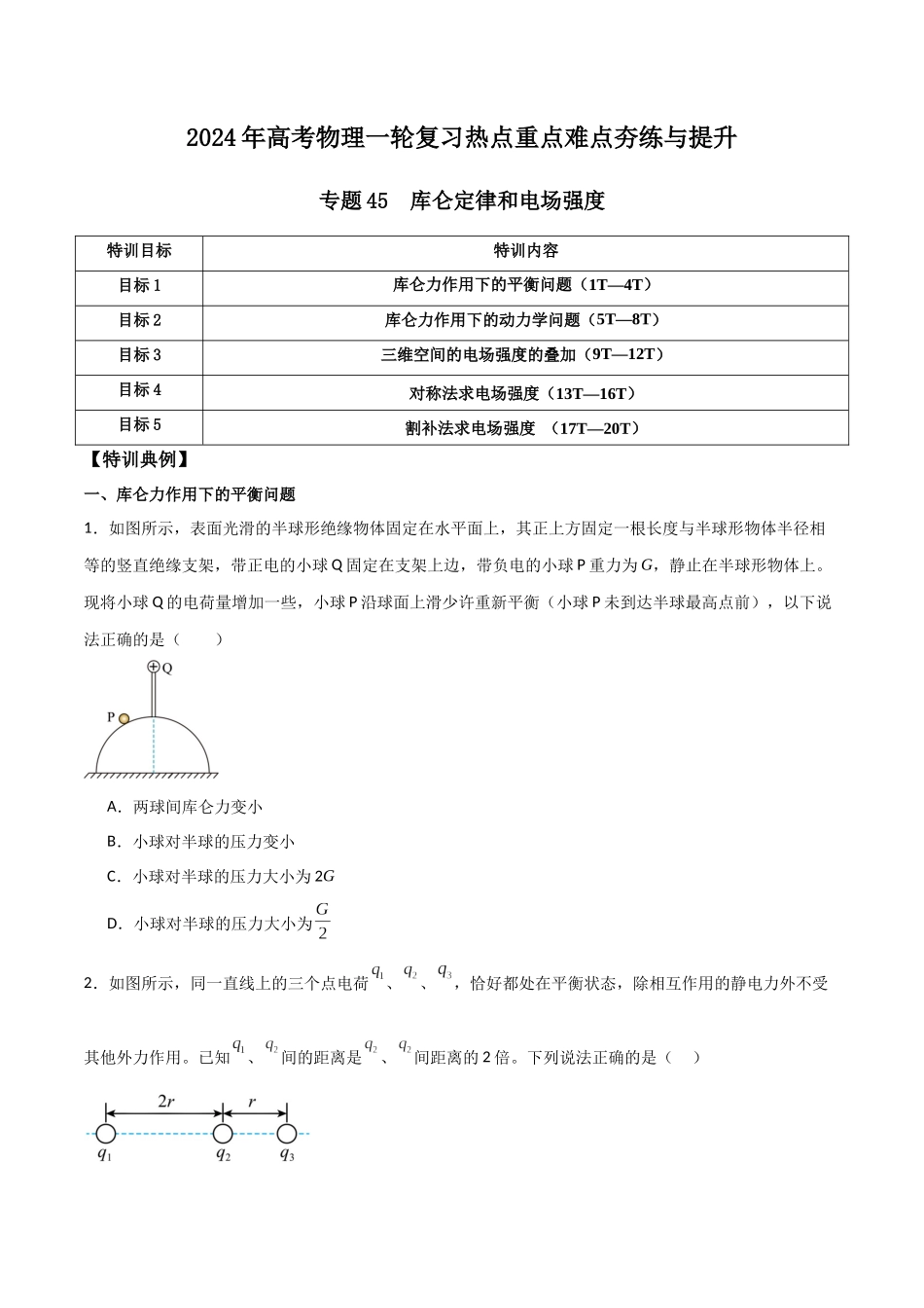 专题45 库仑定律和电场强度（原卷版）.docx_第1页