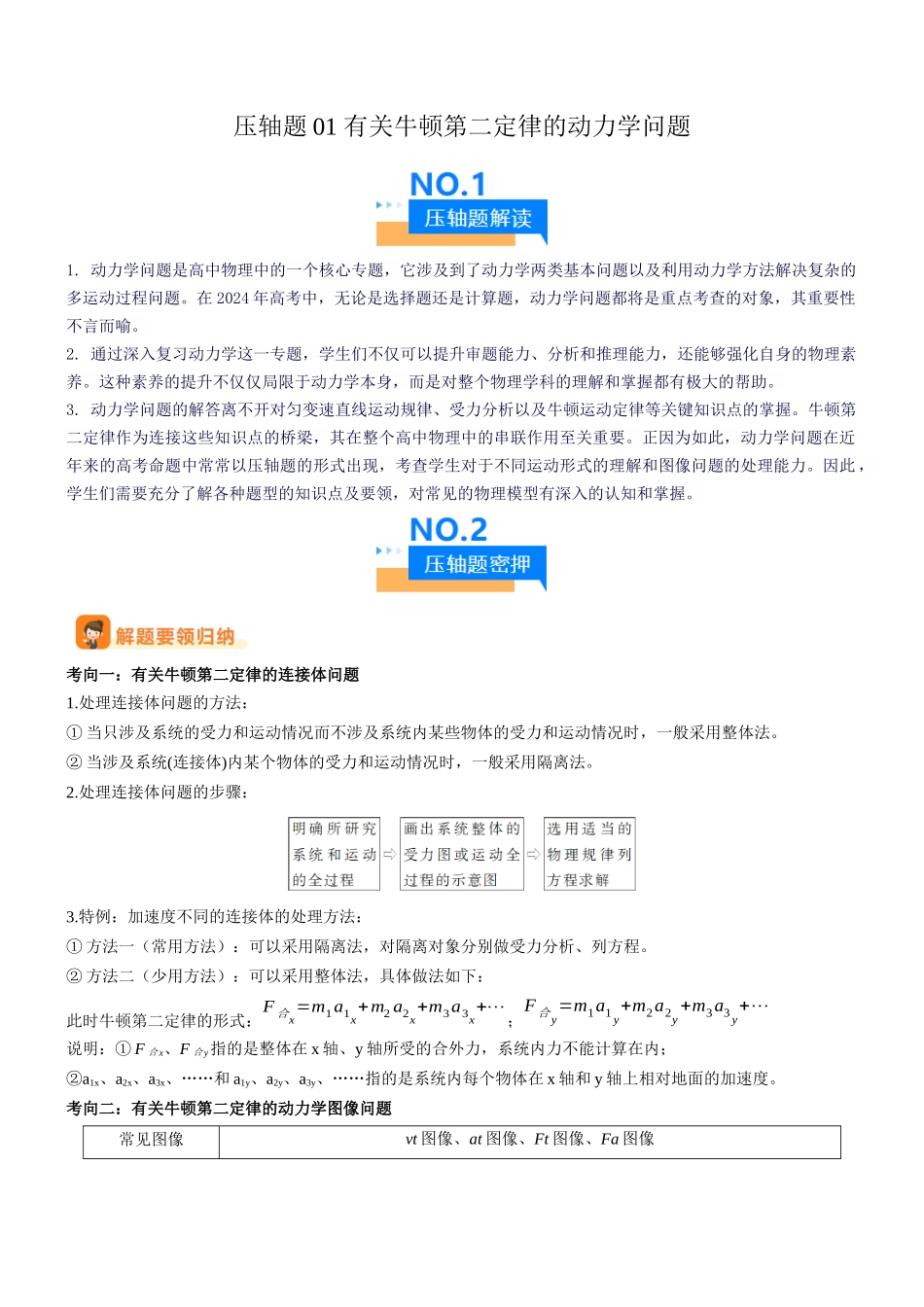 压轴题01 有关牛顿第二定律的动力学问题(学生版).docx_第1页
