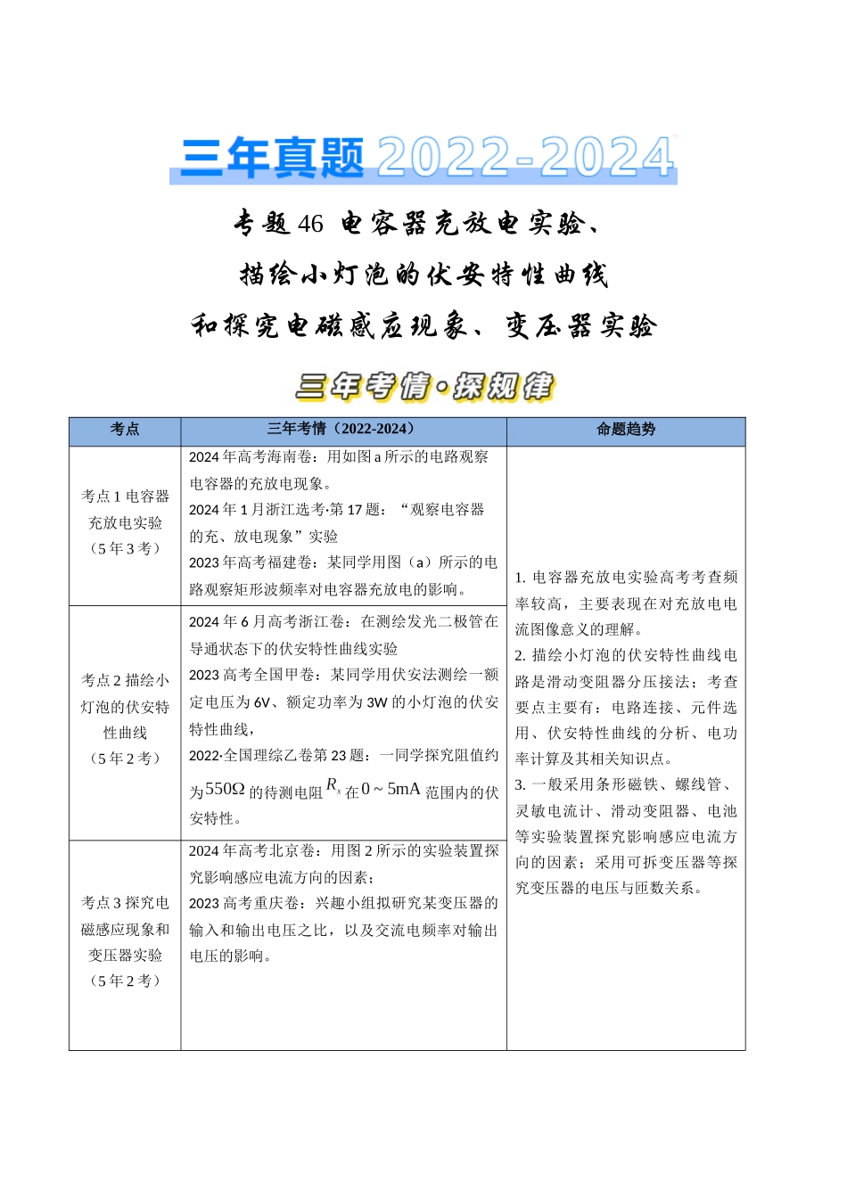 专题46电容器充放电实验、描绘小灯泡的伏安特性曲线和探究电磁感应现象、变压器实验（全国通用）（原卷版）.docx_第1页