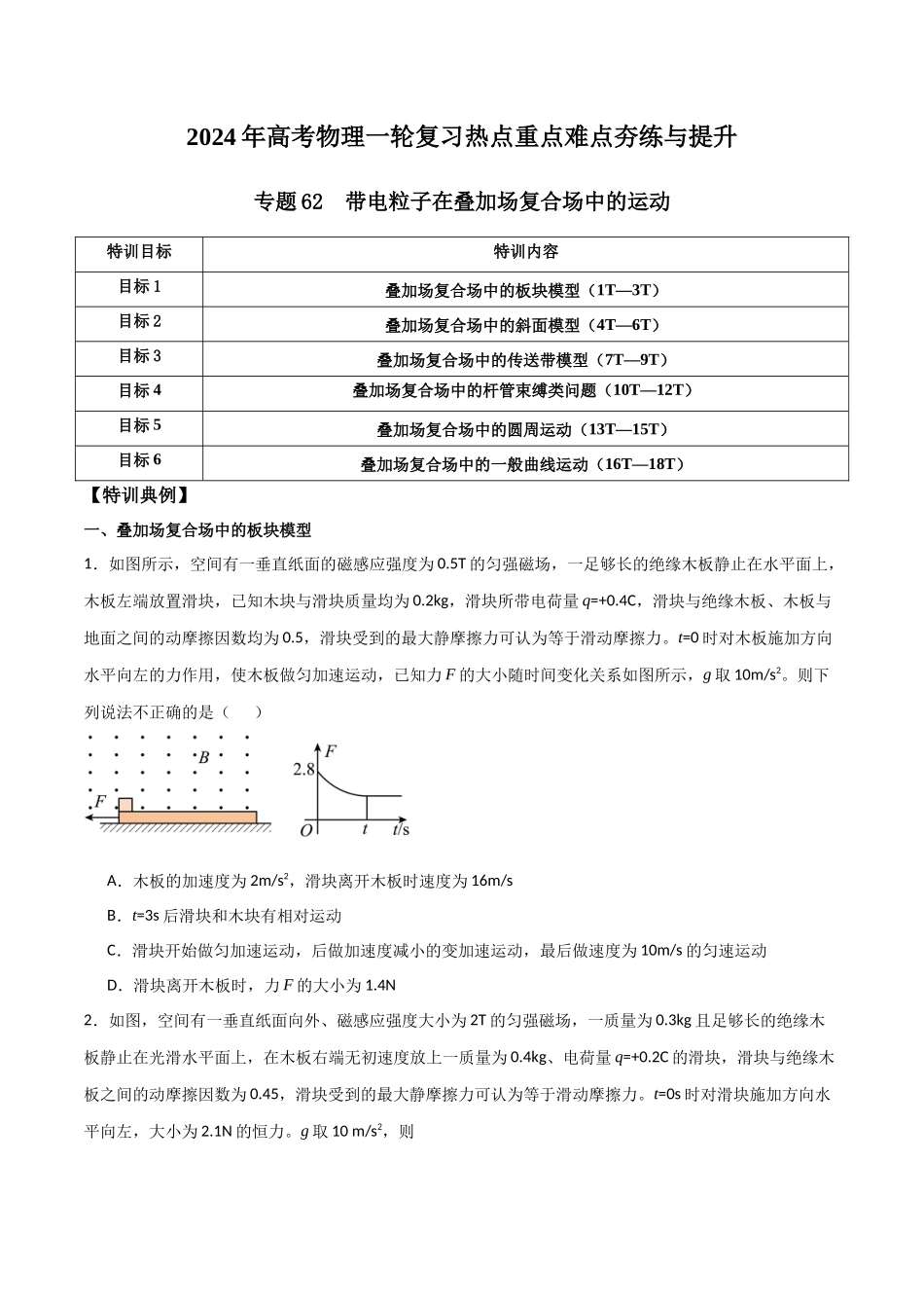 专题62 带电粒子在叠加场复合场中的运动(原卷版) .docx_第1页