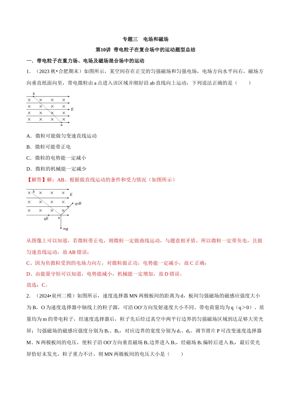 专题三  电场和磁场  第10讲 带电粒子在复合场中的运动题型总结      解析版.docx_第1页