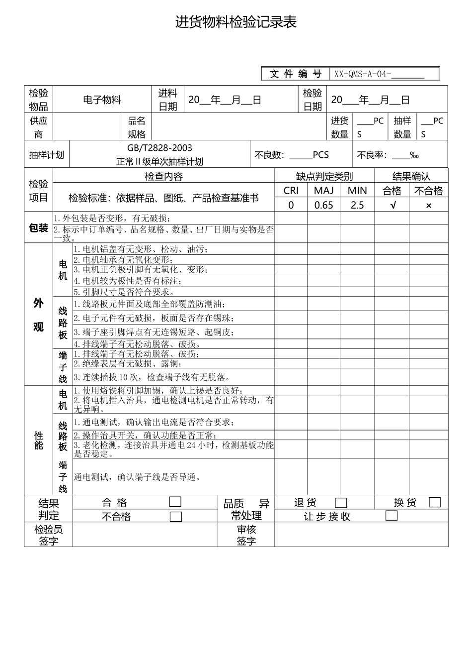 电子物料进货检验记录表.doc_第1页