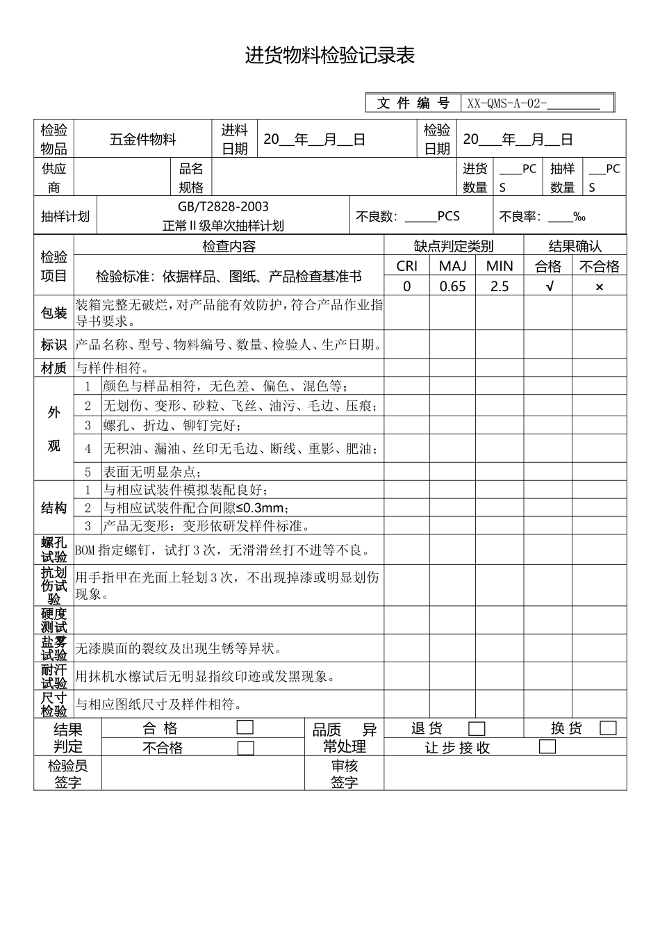 五金件物料进货检验记录表.doc_第1页