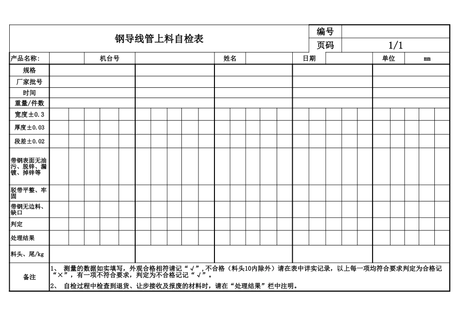 钢导线管上料自检表.xls_第1页