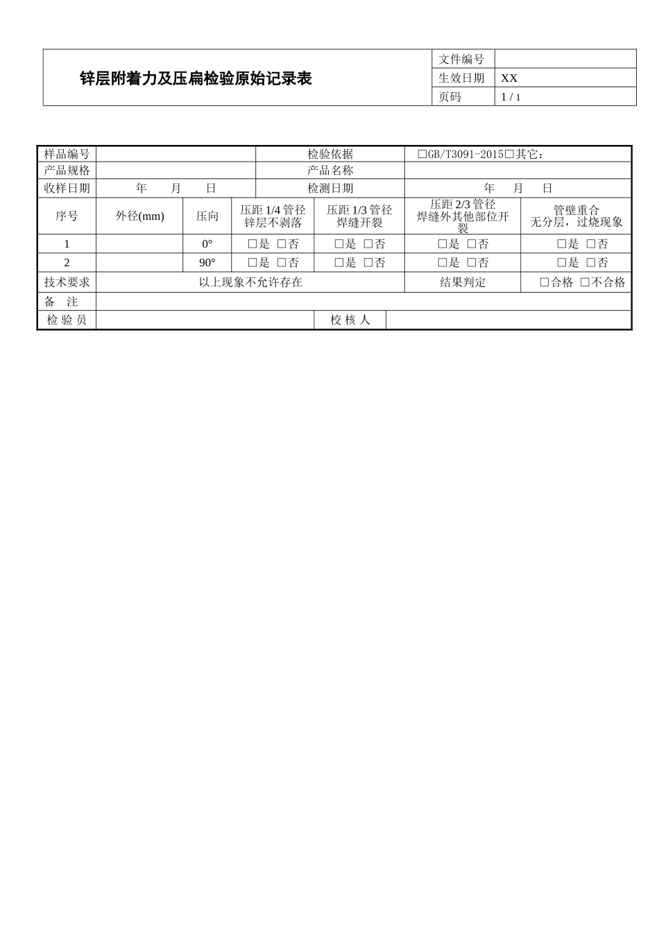 锌层附着力及压扁检验原始记录表.doc_第1页