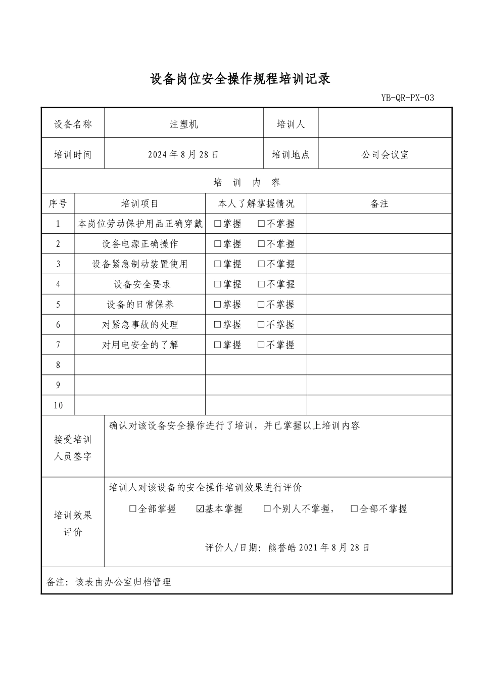 岗位安全操作规程培训记录.doc_第1页