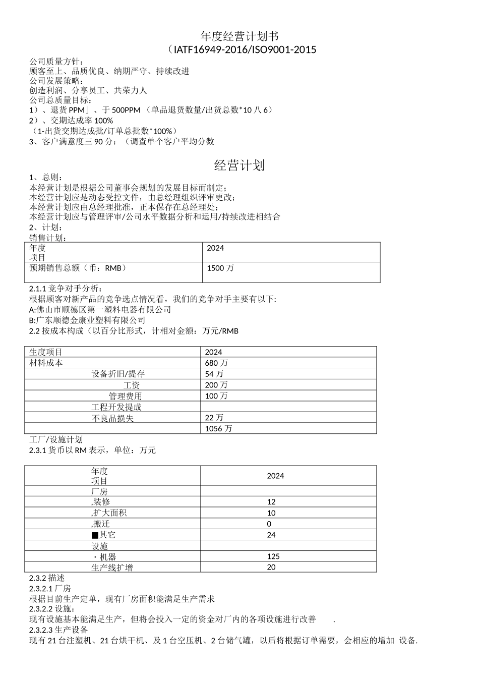 IATF16949年度经营计划书.docx_第1页