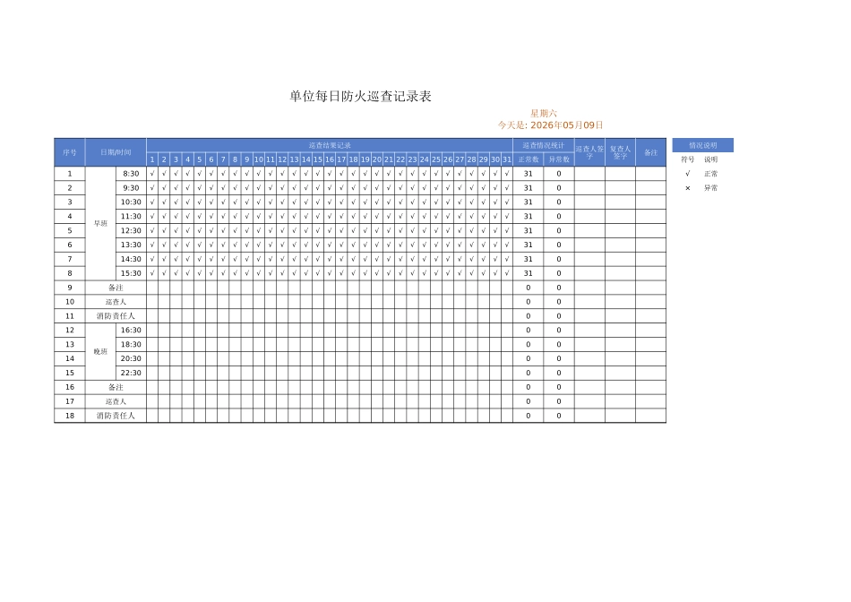 单位每日防火巡查记录表.xlsx_第1页