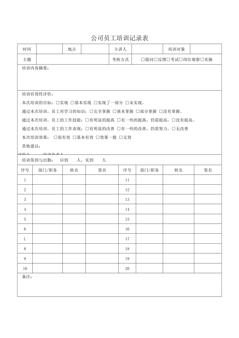 公司员工培训记录表.docx_第1页