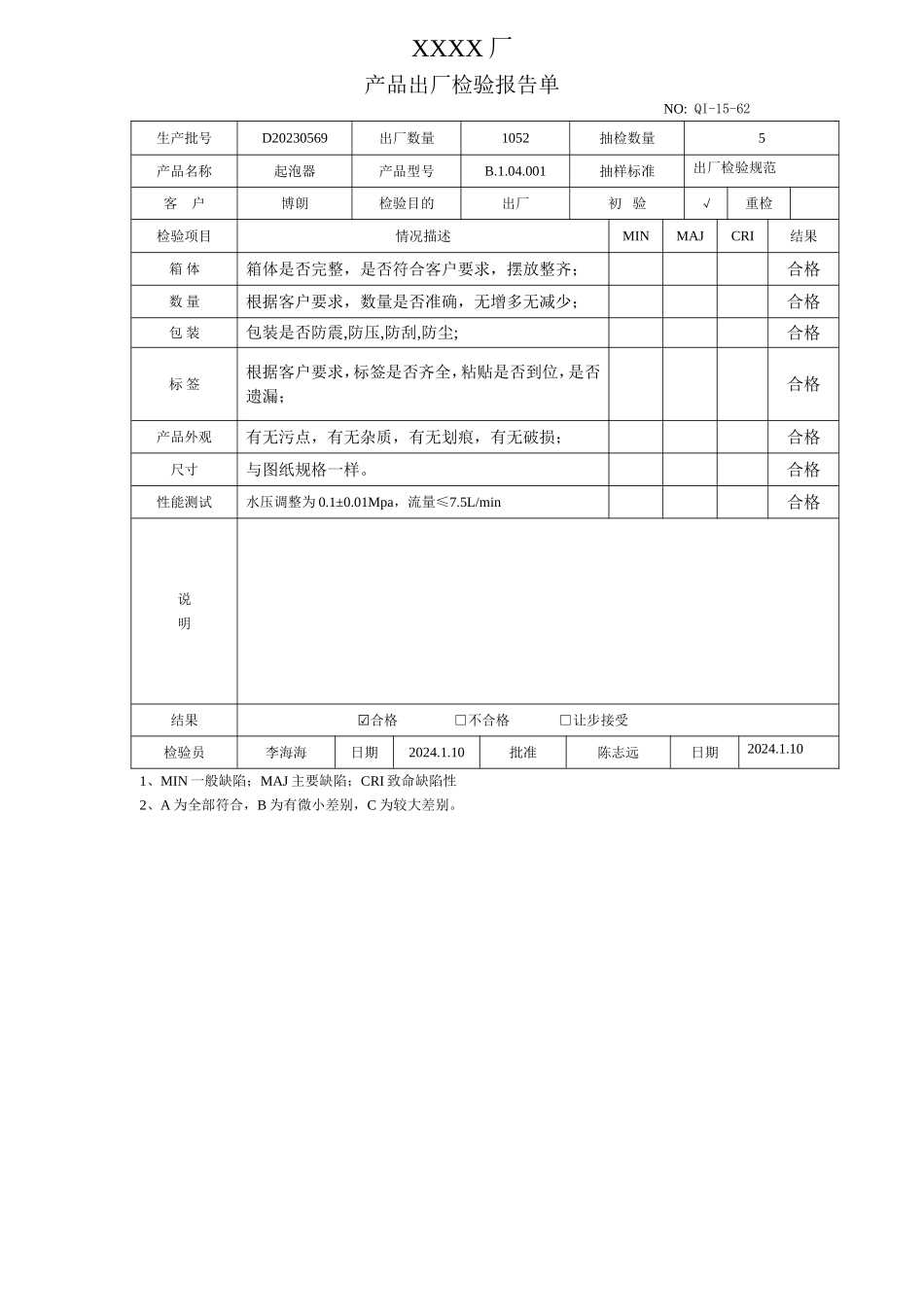 起泡器产品出厂检验报告.doc_第1页