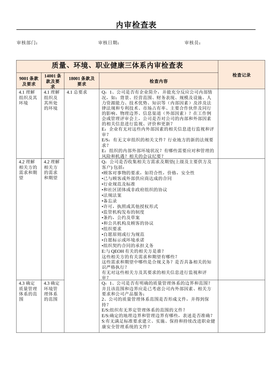 质量、环境、职业健康三体系内审检查表.docx_第1页
