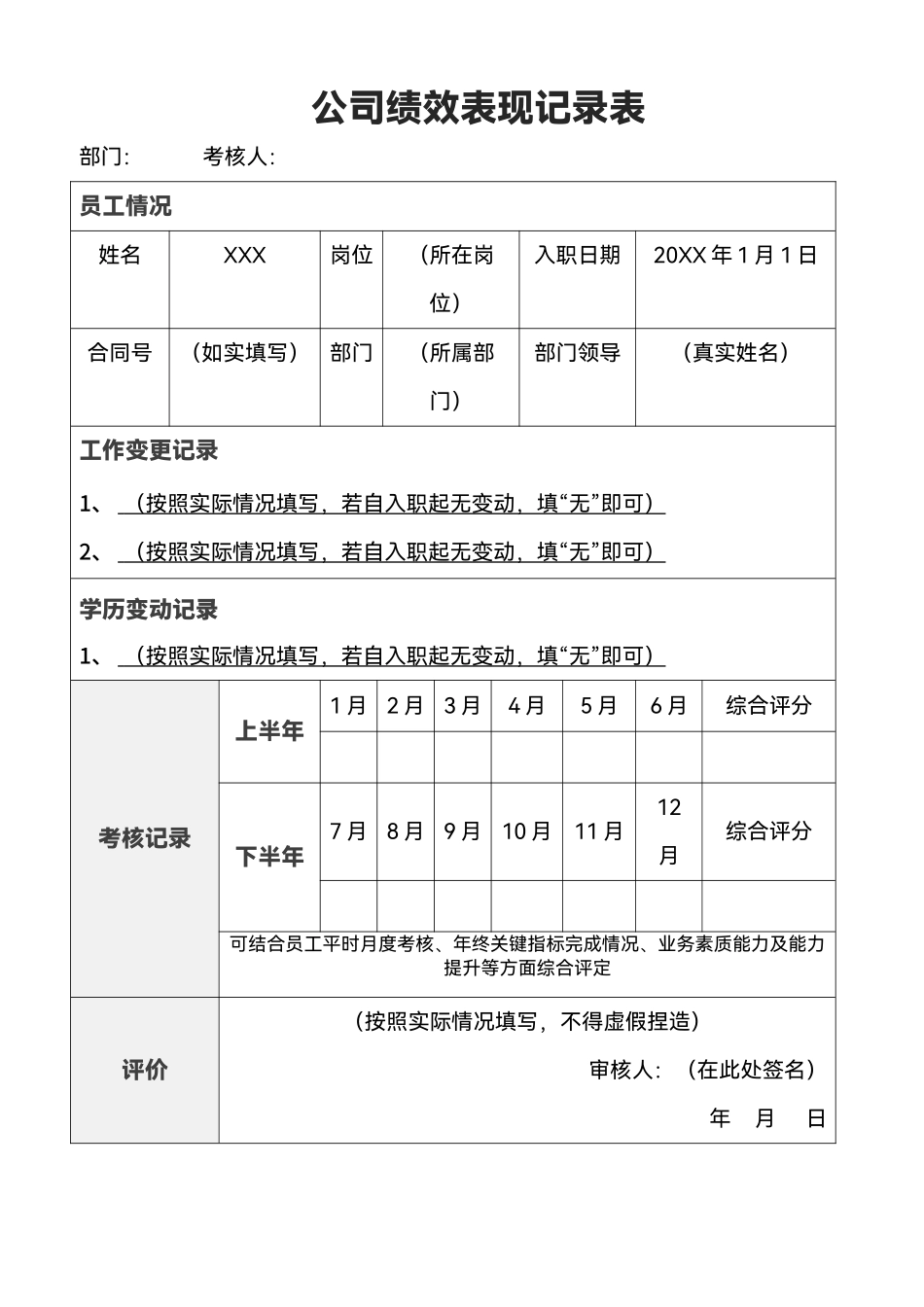公司绩效表现记录表单.docx_第1页