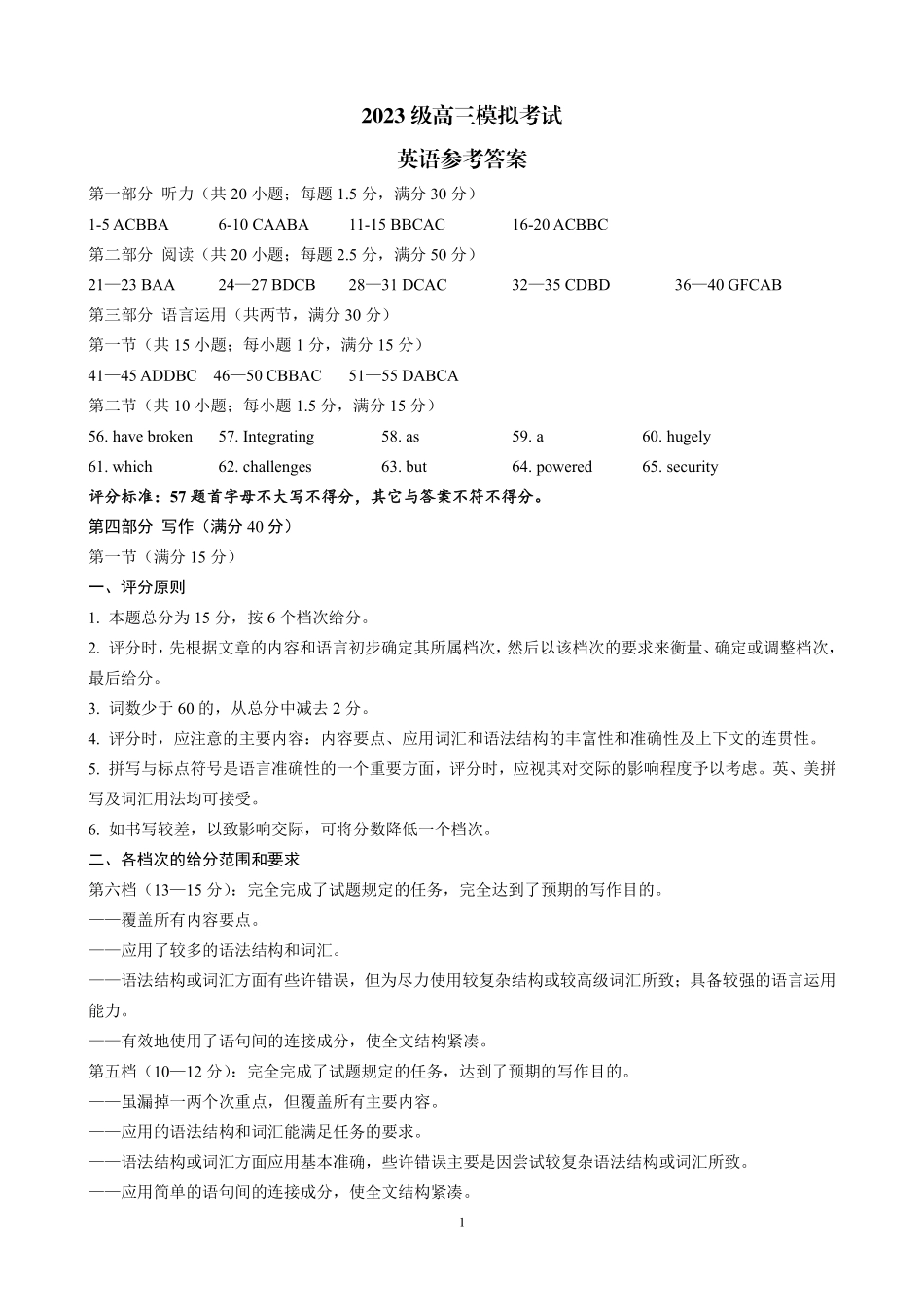 2023级高三模拟考试英语答案.pdf_第1页