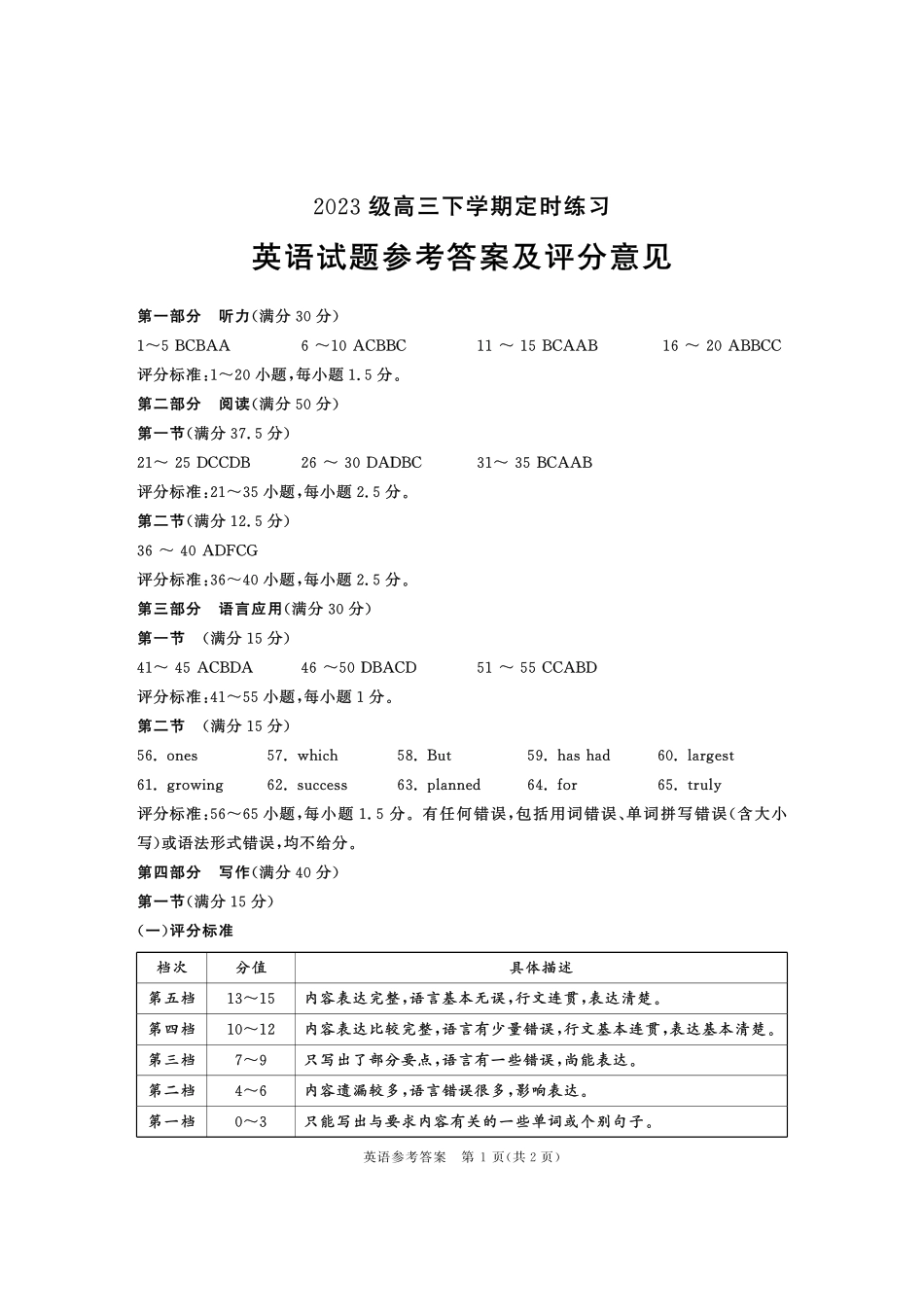 2023级高三下学期定时练习英语答案_副本.pdf_第1页