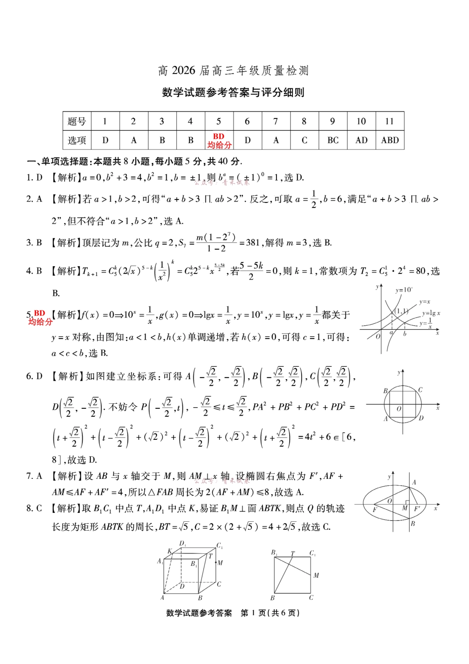 高2026届高三年级质量检测数学答案.pdf_第1页
