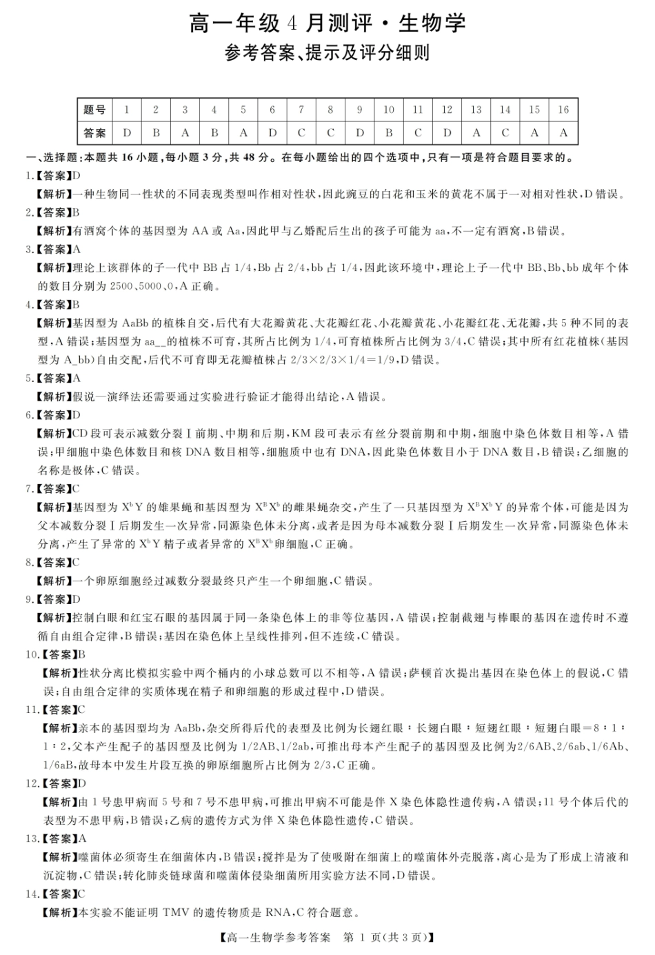 河南南阳市新未来联考2025-2026学年高一下学期4月期中测评生物答案.pdf_第1页