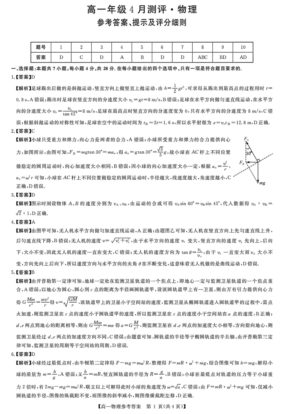 河南南阳市新未来联考2025-2026学年高一下学期4月期中测评物理答案.pdf_第1页