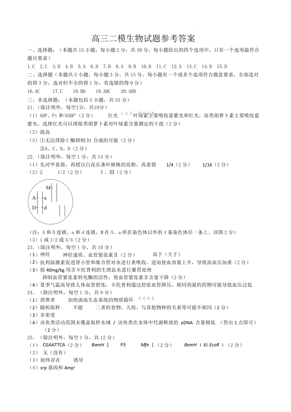 菏泽市2026年高三二模考试生物答案.pdf_第1页