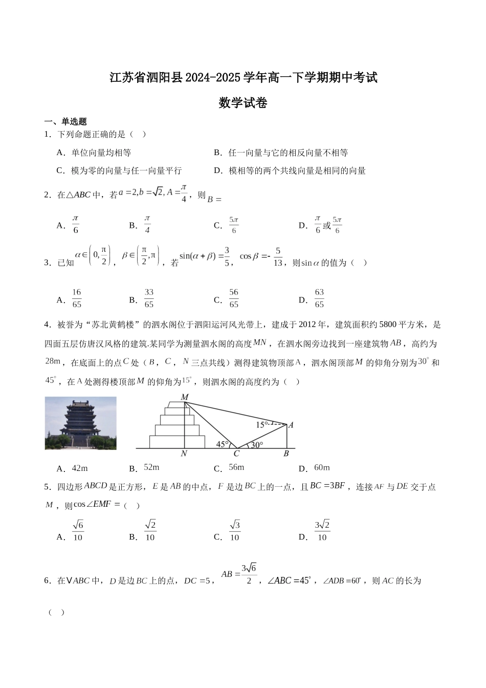 江苏宿迁市泗阳县2024-2025学年高一下学期期中考试数学含解析_副本.docx_第1页